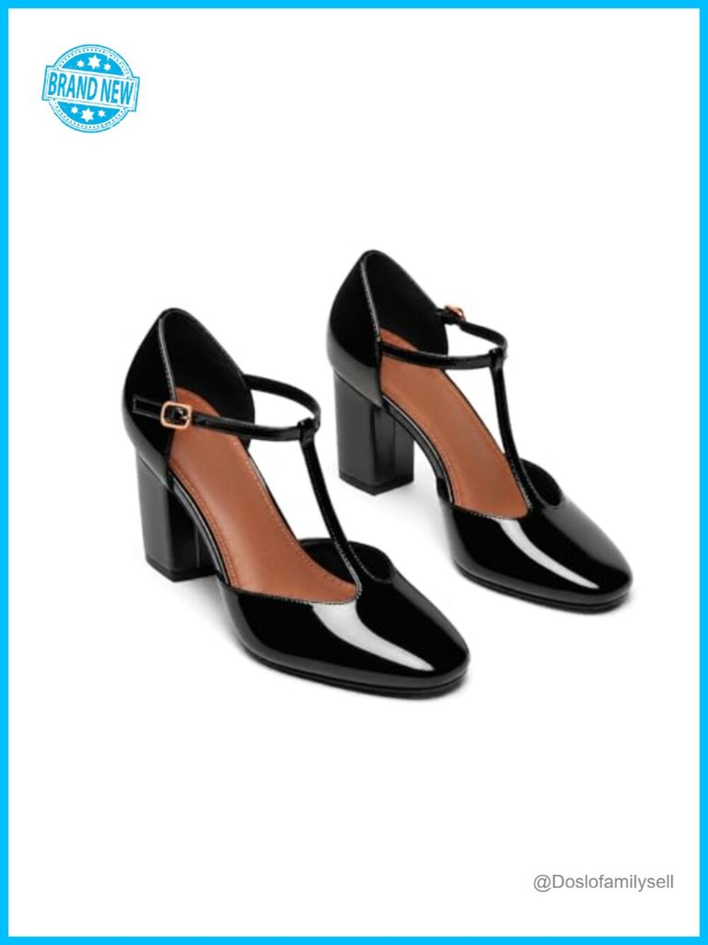 Mary Jane Chunky Heel T-Strap Square Closed Toe Pumps Ankle Strap